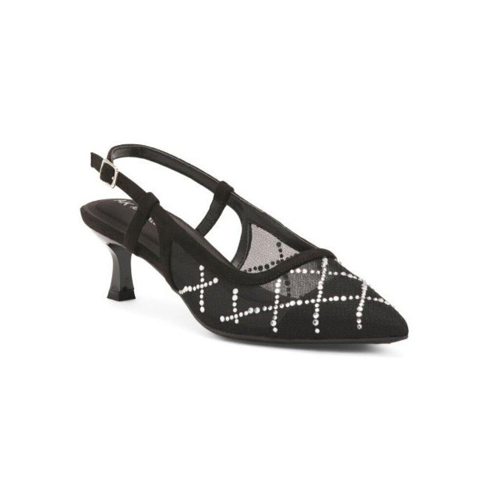 Anne Klein Womens Black Rhinestone Mesh Slingback Kitten Heels Sz 7.5 New